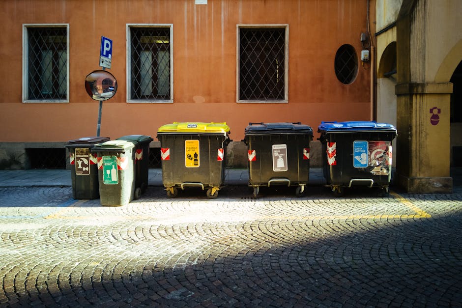 Several black wheeled refuse bins with orange and blue lids are lined up along a brick wall outside a property. The bins are arranged in a row on a paved surface, with some lids slightly open, showing